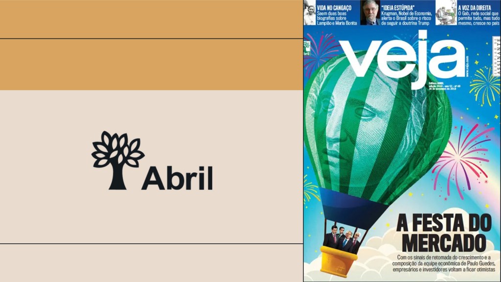 Case study visual for Grupo Abril featuring a Veja magazine cover with a hot air balloon shaped like Brazil’s currency and the Abril logo, highlighting the company's digital publishing transformation with WordPress VIP.